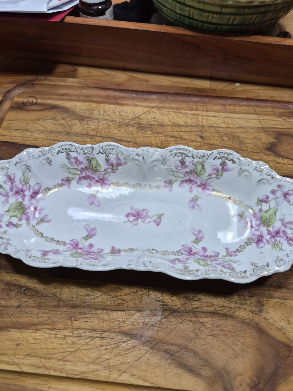 Porcelain Floral Serving Celery Dish White with Pink Floral Accents
